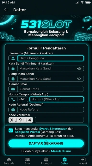 Tampilan halaman daftar 531slot